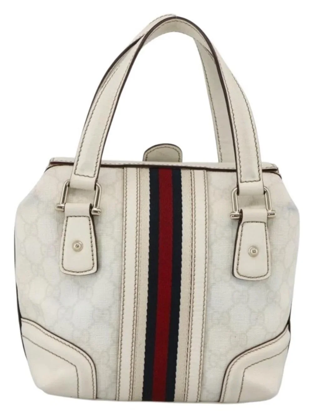 GUCCI GG Supreme Sherry Line Ophidia Hand Bag PVC White Gold 153028 Auth YKZ923